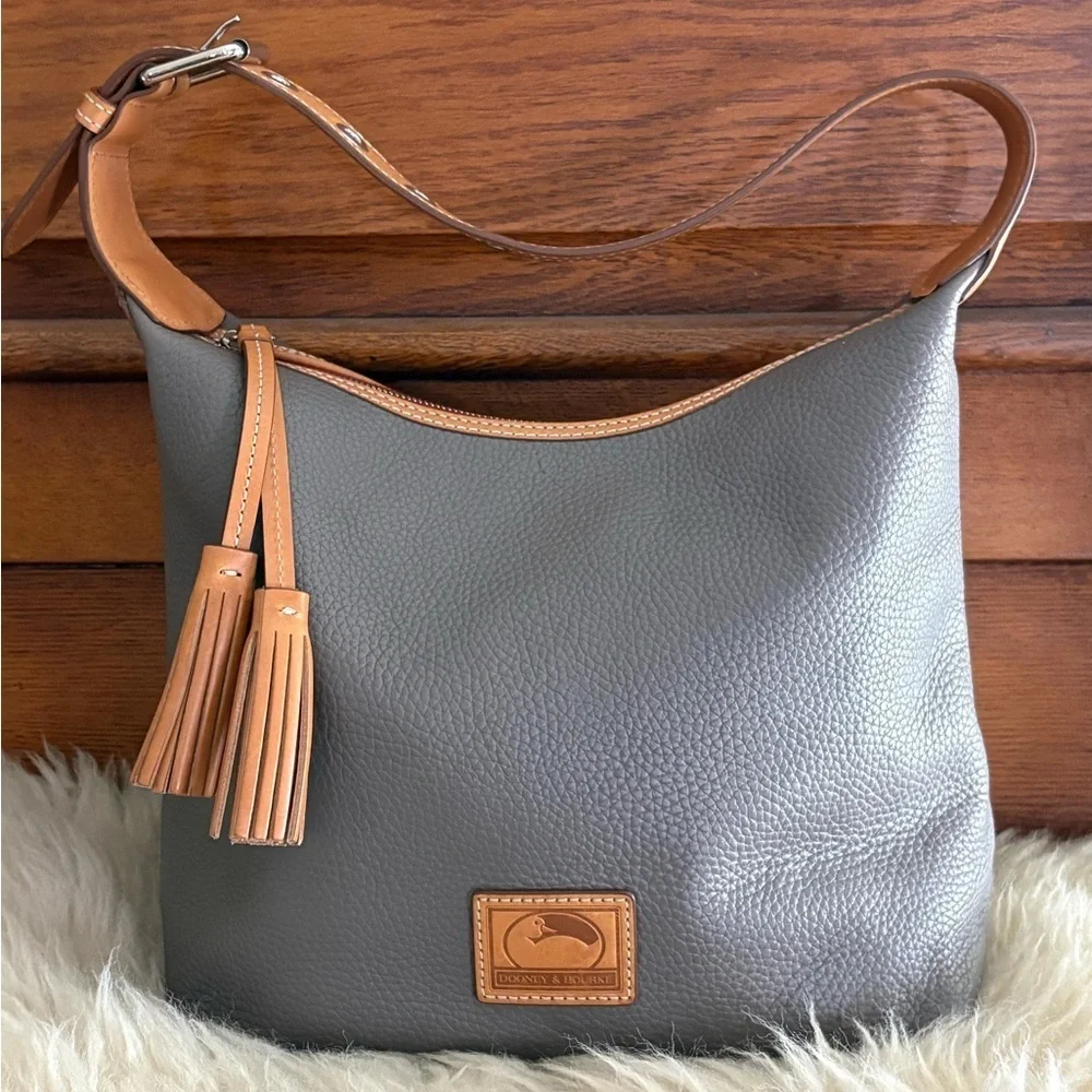 Dooney & Bourke Patterson Paige Gray and Tan Leather Hobo Satchel